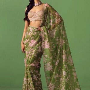 Floral Green and Pink Saree